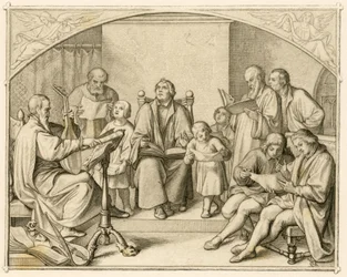 A introdução de Lutero na religião protestante alemã, juntamente com os seus filhos e amigos, sob a direção de Johannes Walther (1496-1570)