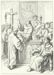 Martin Luther sendo premiado com seu doutorado por Andreas Karlstadt na Universidade de Wittenberg, 1512