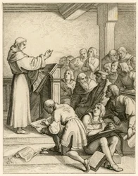 Martinho Lutero dá aulas na universidade de Wittenberg, tendo à sua frente o vice-reitor Dr. Pollich e o seu amigo paternal Johann von Staupitz (1460-1524)