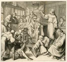 Martinho Lutero em discussão com o Dr. Johannes Eck (Johann Maier von Eck) (1486-1543), do lado de Lutero está Philipp Melanchthon (1497-1560) e Karlstadt (Andreas Rudolf Bodenstein von Karlstadt