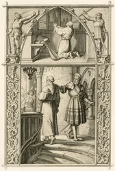 Martinho Lutero prepara-se com uma oração para o encontro com o imperador (imagem acima); imagem principal: Lutero encontra-se com o cavaleiro George (Georg) von Frundsberg (Jorg von Fronsberg, Freundsbergin