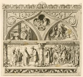 A viagem de Martinho Lutero ao conde Mansfeld (Hoyer VI de Mansfeld-Vorderort (1477-1540); imagem em cima à esquerda: a triste Katharina, no meio: o furioso rio Saale, à direita: Lutero com os seus filhos. imagem em baixo: Lutero e o conde