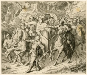 O rapto de Martinho Lutero na sua viagem de regresso - 1521 - por Hauptmann von Berlepsch e Burkhard Hund, por causa da bula de excomunhão do papa e da ilegalidade do imperador