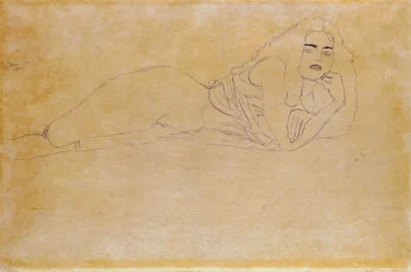 "Nua deitada de barriga para baixo à direita". Retrato de uma mulher deitada de barriga para baixo. Desenho de Gustav Klimt (1862-1918)