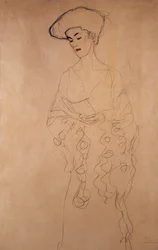 "Mit leichter wendung nach links" (Legerement tourne vers la gauche). Desenho de Gustave Klimt (1862-1918). Lápis de cor. Coleção exclusiva