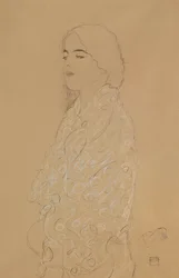 Mulher com um xale branco (lápis com giz colorido branco e vermelho no papel)