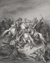 Abisai salva a vida de David, Samuel 2:17, ilustração de "A Bíblia Sagrada" de Dore, gravada por Hurel