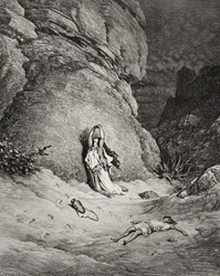 Hagar e Ismael no deserto, ilustração de "A Bíblia Sagrada" de Dore, gravada por Piaud