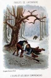 Ilustração de "O urso e os dois companheiros", fábula de La Fontaine, baseada em um desenho de Gustave Doré.