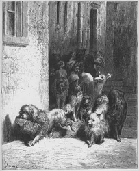 "Le chien qui porte à son cou le diner de son Maitre". Fabeln, La Fontaine ( 1621 - 1695), Stich von Gustave Doré (1823 - 1883)
