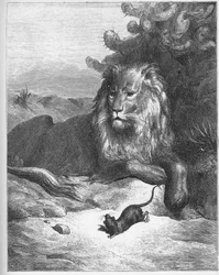 O leão e o rato - das «Fábulas» de Jean de La Fontaine (Lafontaine) (1621-95) - gravura a partir de Gustave Doré (1832-83) - coleção particular