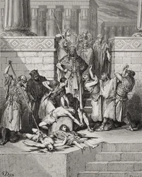 Chacina dos filhos de Zedequias diante de seu pai, II Reis 25:7, ilustração de "A Bíblia Sagrada" de Dore, gravada por Fournier