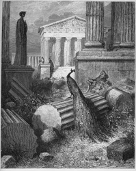 O pavão queixando-se a Juno - das «Fábulas» de Jean de La Fontaine (Lafontaine) (1621-95) - gravura segundo Gustave Doré (1832-83) - colecção particular