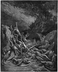 O paraíso perdido: os anjos caídos. Do desenho de Gustave Dore ilustrando "Paradise Lost" de John Milton (1608-1674) poeta inglês. Gravura de 1867. Coleção Particular