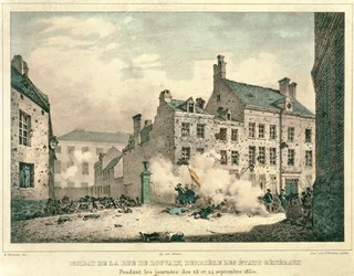 Lutando na Rue de Louvain, Bruxelas, Atrás dos Etats Generaux, 23-24 de setembro de 1830, gravado por Jean Baptiste Madou (1796-1877)