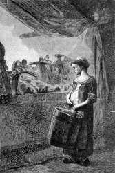 Cosette em frente à loja de brinquedos - em "Les Misérables" de Victor Hugo, doente. de Brion, ed. Hetzel e Lacroix