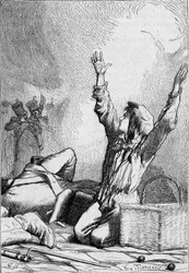 Gavroche cai nas barricadas - em «Os Miseráveis» de Victor Hugo, ilustrado por Brion, edição Hetzel e Lacroix