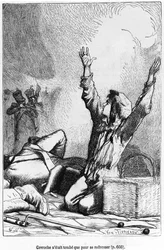 Gavroche tinha caído apenas para se levantar de novo, ilustração de «Os Miseráveis» de Victor Hugo (1802-85), gravada por Jules Léon Perrichon (1836-97)