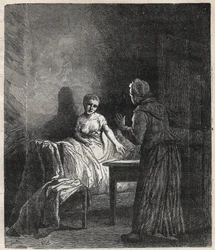 Marguerite entra no quarto de Fantine e Fantine mostra-lhe dois Napoleões (moeda) que podem salvar Cosette, sua filha - Ilustração de Gustave Brion (1824-1877) para "The Miserables - First part": Fantine" de Victor Hugo (1802-1885) 1862