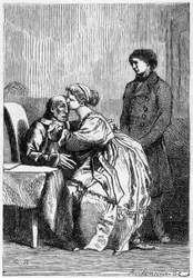 Marius e Cosette visitam Jean Valjean doente - em "Les Miserables" de Victor Hugo, doente. de Brion, ed. Hetzel e Lacroix