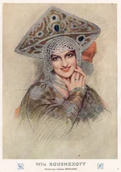 Retrato de Maria Nikolaievna Kuznetsova (Maria Kuznetsova) (1880-1966), famosa cantora e bailarina do Império Russo do século XX e ópera soviética em "Fantasio" no início do século XX (desenho)