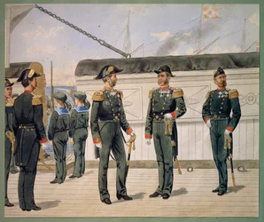 Oficiais da Marinha Dinamarquesa em uniforme de gala. Aquarela de Gustav Brock