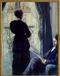 Interior, mulher na janela