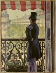 O homem na varanda. Um homem elegante de cartola apoia-se no corrimão de uma varanda nos grandes boulevards parisienses. 1880. Sun. 0,86 x 1,14 m. Coleção particular