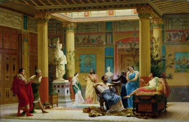 Ensaio de &39;The Fluteplayer&39; e &39;The Diomedes&39; wife &39;no átrio da casa de Pompeia do Príncipe Napoleão, 18 Avenue Montaigne, Paris, 1861