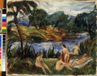 "Mulheres no rio" (Mulheres no rio) Pintura de Gustave Colin (1829-1910) Óleo sobre tela. Expressionismo. Museu de Belas Artes Mikalojus Konstantinas Ciurlionis, Kaunas, Lituânia