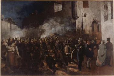 Pintura "Pompiers courant a un incendie" de Gustave Courbet (1819-1877) 1851 Dim. 3,88x5,8 m Paris, Musee du petit palais Firemen Running to a Fire - Courbet, Gustave (1819-1877) - 1851 - Óleo sobre tela - 388x580 - Petit Palais, Musee des Beaux-Arts de l