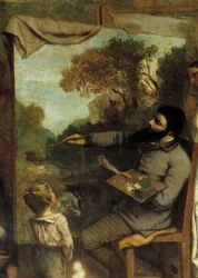 A Oficina do Pintor. Allegorie Reelle determinando uma fase de sete anos da minha vida artística (e moral) Detalhe retratando o pintor admirado por uma criança simbolizando a inocência da juventude. Pintura de Gustave Courbet (1819-1877)