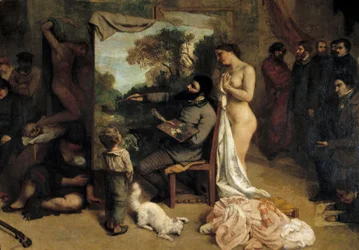 A Oficina do Pintor. Allegorie Reelle determinando uma fase de sete anos da minha vida artística (e moral) Detalhe retratando a pintora envolve suas duas fontes de inspiração, uma criança simbolizando a ingenuidade e uma mulher nua. Pintura de Gustave Cour