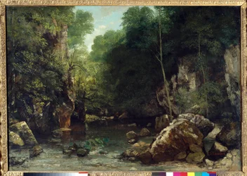 O ribeiro coberto, conhecido como a entrada para a Vallée du Puits-Noir, Doubs: efeito de crepúsculo, 1865. 0.94 x 1.35 m, Paris, Musée d