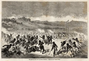 Um jogo de bola entre os índios Choctaws, tribo da região do Mississippi, desenhado por Gustave Dore (1832-1883), para ilustrar a viagem do Mississippi ao Oceano Pacífico em 1853-54 por Baudouin Mollhausen (1825-1905). Gravura em "Le tour du monde, nouveau