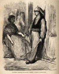 Um negociante de chocolate ao ar livre, esboça sobre o animado que se vive em Madrid. Gravura de Gustave Dore (1832-1883) para ilustrar a sua viagem à Espanha, com Ch. Davillier (editor), em 1862, publicada em "Le tour du monde" 1869, editada por Edouard C