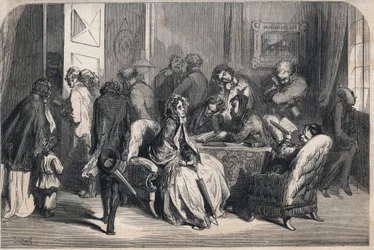 A antecâmara de um dentista. Desenho de Gustave Dore (1832-1883). Gravura em "Le Monde illustrious" de 1862. Coleção privada.