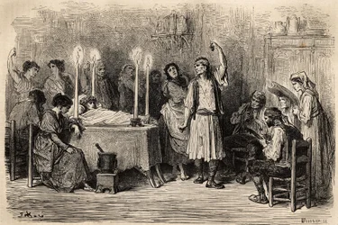 Um baile fúnebre, durante o dia mortuário em Jijonas (província de Alicante). Esboço feito ao vivo por Gustave Dore (1832-1883). Gravura para ilustrar a viagem na Espanha, em 1862, de Charles Davillier e Gustave Dore, em "Le tour du monde, nouveau jour".