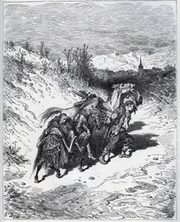 Um arado traz Dom Quixote e Rossinante de volta à aldeia - de “Don Quixote de la Mancha” ”de Miguel Cervantes