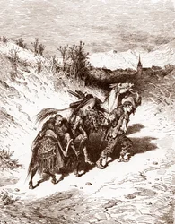 Um lavrador da sua própria aldeia traz para casa Quixote Gravura de Gustave Dore (1832-1883) para "L