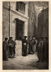 Uma serenata ao luar, nas ruas de Córdoba, o amante, violão na mão, fala em voz baixa à sua noiva através de uma janela de rede de arame, recita poemas ou canta uma canção para ele. Desenho de Gustave Dore (1832-1883). Gravura para ilustrar o v