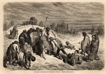 Uma trupe de mendigos e enfermos, um verdadeiro tribunal de milagres, dirige-se para uma diligência para pedir almôndegas nas proximidades de Almuradiel (Província de Mancha). Desenho de Gustave Dore (1832-1883). Gravura para ilustrar a viagem na Espanha, 