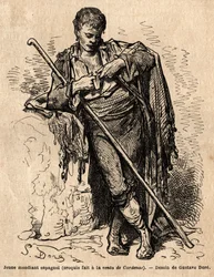Um jovem mendigo, a vente de Cardenas, uma pousada na estrada de Almaden (província do Canal da Mancha). Esboço feito ao vivo por Gustave Dore (1832-1883). Gravura para ilustrar a viagem na Espanha, em 1862, de Charles Davillier e Gustave Dore, em "Le tour