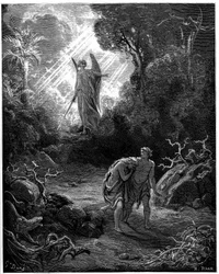 Adão e Eva caçam no Paraíso - Ilustração de Gustave Dore para A Bíblia -