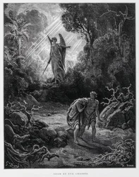 Adão e Eva expulsos do Jardim do Éden por um anjo, ilustração da Bíblia de Doré