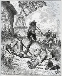 Depois do assalto dá os moinhos de vento - "Misericorde! "Sancho - de "Don Quixote de la Mancha" de Miguel Cervantes (1547-1616) (Don Quixote) - Corte de madeira após desenho de Gustave Dore