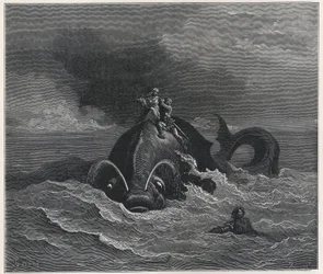 "Alcina (Alcina) e Renaud (Rinaldo) transportando Astolfo (Astholfo) no dorso de uma baleia (Orlando furioso) de Ludovico Ariosto (1474-1533) Século XIX (gravura)