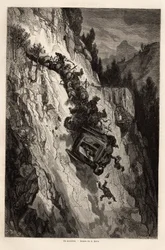 Um acidente de diligência, desenho de Gustave Dore (1832-1883), para ilustrar sua viagem à Espanha, com C. Davillier, em 1862. Gravura em "Le tour du monde", editado por Edouard Charton