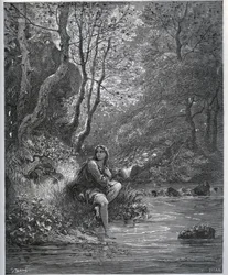 Aparição da Dorothee em Roupa de Fazendeiro - de "Don Quixote de la Mancha" de Miguel Cervantes (1547-1616) (Don Quixote) - Lenhador após desenho de Gustave Dore