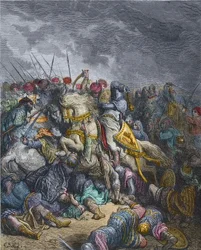 Batalha de Arsuf - Ricardo Coração de Leão (1157-1199), rei de Inglaterra, participa na Terceira Cruzada - Ricardo Coração de Leão na Batalha de Arsuf (1191), Terceira Cruzada, gravura de Gustave Doré - de História das Cruzadas de Joseph-François Michaud